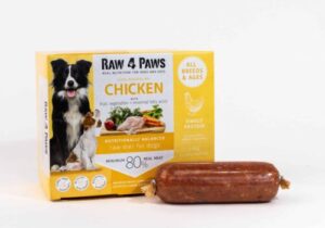 Raw4Paws TPS raw Chicken Dog Food Box 8x200g Portions in a box 1 portion in front of the yellow box
