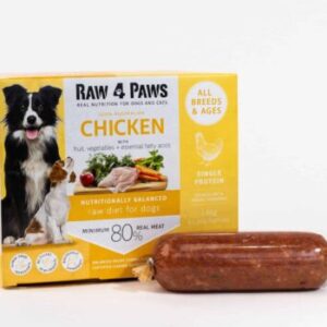 Raw4Paws TPS raw Chicken Dog Food Box 8x200g Portions in a box 1 portion in front of the yellow box