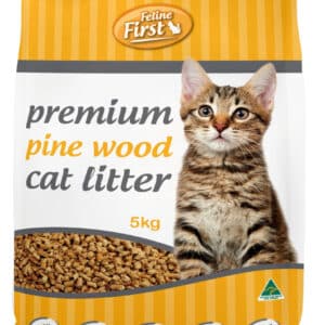 premium pine wood cat litter by feline first. 5kg bag available