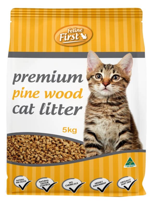 premium pine wood cat litter by feline first. 5kg bag available