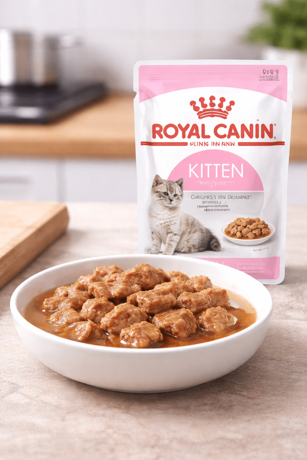 Royal canin wet food pouches ai generated opened pouch with representation of kitten wet food pouch in background Royal canin wet food pouches ai generated opened pouch with representation of kitten wet food pouch in background